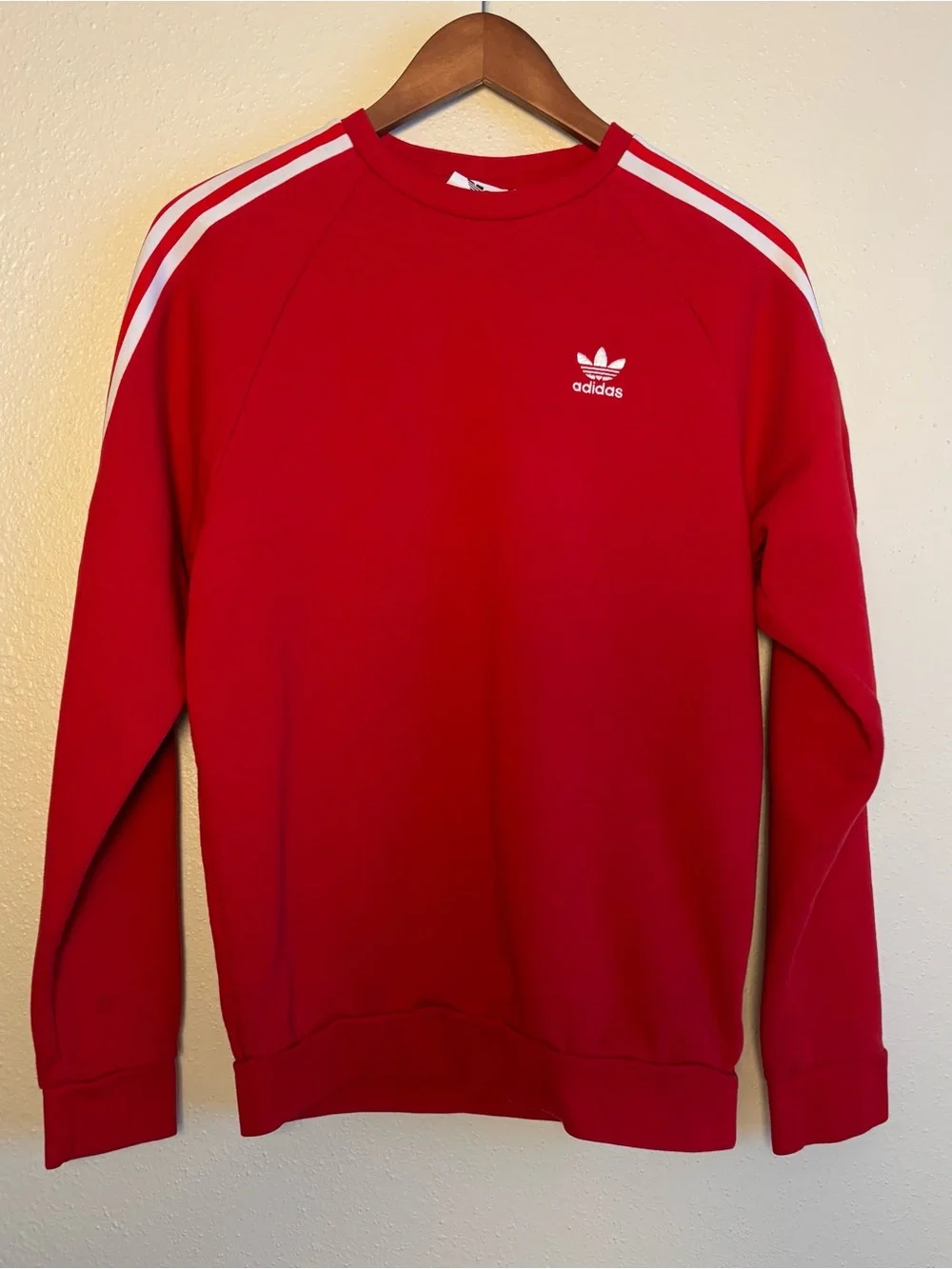 adidas XS Red Crewneck Sweatshirt with White Shoulder Stripes